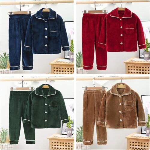 Childrens Flannel Pajamas Coral Cashmere Boys And Girls' Autumn And Winter Thickened Home Set Pocket Warm Lapel Loose