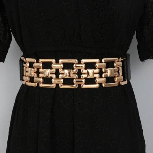 European Geometric Hollow Out metal Waist belt PU Elastic Waistband Punk ladies Corset Strap New Design Women Metal Waist Chain