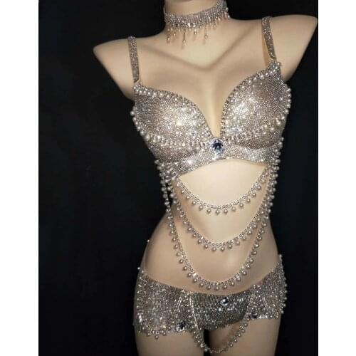Sparkly Rhinestone Bikini Women Pole Dance Costume Nightclub Bra DJ DS Gogo Clothing Festival Party Outfits Rave Clothes VDB2321