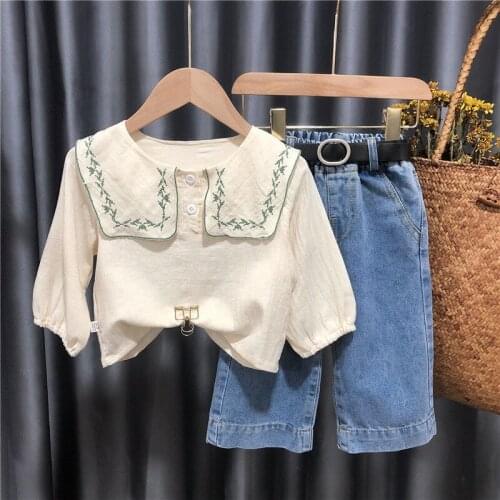 Spring Autumn Toddler Kids Girls Baby Clothes Sets Embroidery Long Sleeve Tops+Denim Trousers Jeans+belt 3pcs girl Clothing Set
