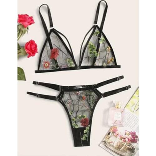 Sexy underwear women set Floral Embroidery Sheer Mesh Lingerie Set no bra Backless Bralette sexi Intimates lace bra set