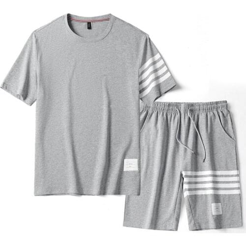 Summer Short Sleeve Suit Mens And Womens Four Bar Sportswear Mens Casual Round T-shirt Two Piece Set Of Lovers' Wear