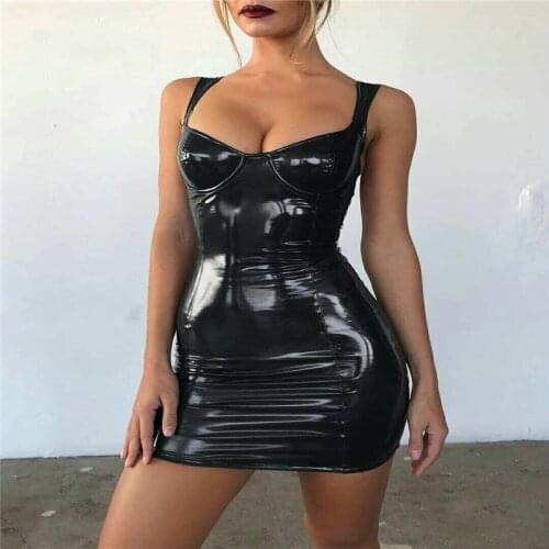 Leather Bodycon dress Women Sexy Latex Faux Leather club Bodycon dress women club Party Strappy sleeveless bodycon dress