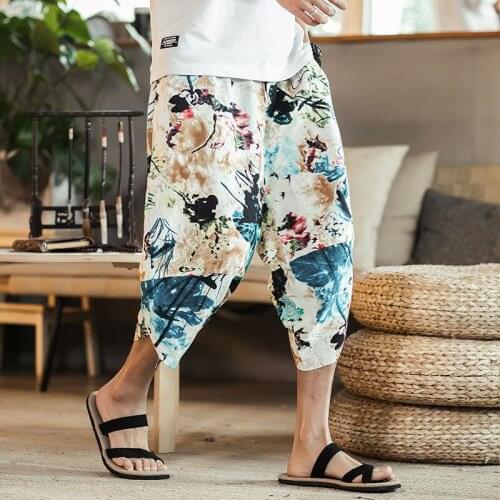 Summer Knickerbockers Mens Cotton Wide Leg Small Foot Loose Size Chinese Style Seven Point Beach Harlan Casual Pants Sport Hot