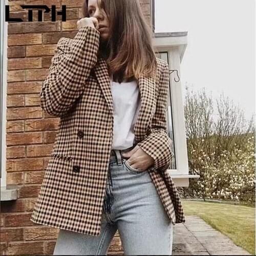LTPH vintage Plaid blazer all-match chic Double Breasted women blazers casual Jackets long sleeve Lady Suit Coat 2021 Spring New