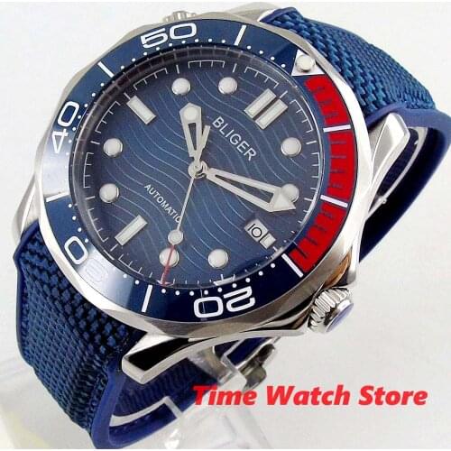 Bliger 41mm Miyota 8215 Automatic watch men waterproof Sapphire glass Luminous blue dial rubber canvas strap ceramic Bezel 265