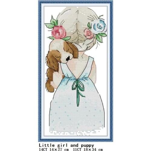 Little girl and puppy cross stitch kit cartoon character pattern DIY embroidery set 14CT 11CT count printing fabric decorative