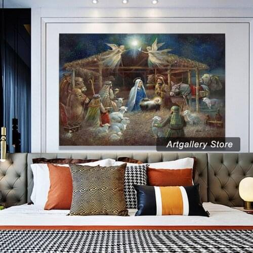 Nativity Scene Wall Art, Beautiful Religious Christmas Decorations, Jesus Christ in a Manger,Art Canvas Poster
