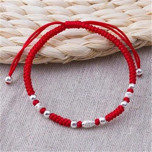 NEW Pure 925 Sterling Silver Lucky Carved Beads Red Knitted Bracelet 16cm 17cm