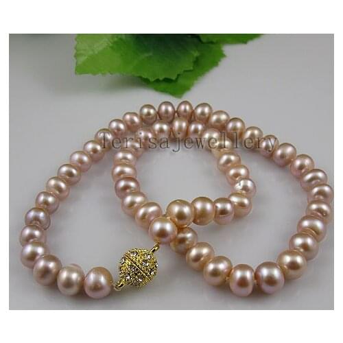 Terisa Pearljewelry Natural Lavender Color AA 8-9MM Freshwater Pearl Necklace 18inches Yellow Rhinestone Magnet Clasp