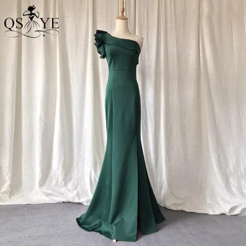 QSYYE Emerald Evening Dresses One Shoulder Mermaid Formal Gown Shoulder Ruffles Fitted Party Dress Dark Green