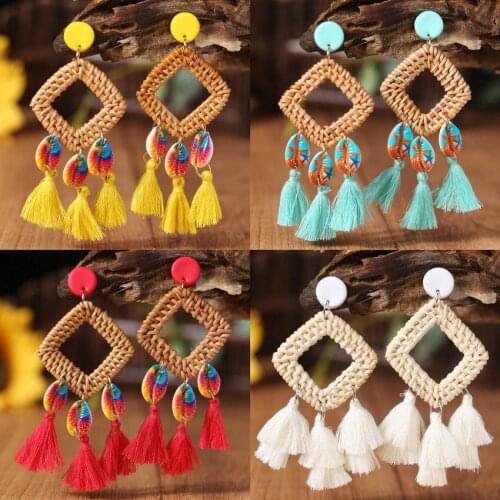 Geometric Rattan Rhombus Color Cowry Shell Tassel Chandelier Earrings with Mini Polymer Clay Disc Top Tropical Jewelry Wholesale