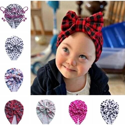 Nishine Baby Girls Plaid Bowknot Hats Infant Newborn Leopard Print Bow Cap Kids Cotton Turban Toddler Beanie Bonnet Photo Props