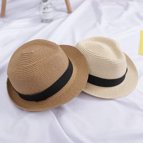H7784 Children Adult Straw Hat Female Summer British Retro Flat-Top Hipster Hat Sunshade Beach Hat Children Parents Panama Hat