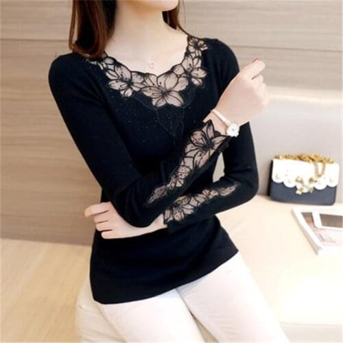 Womens Fashion Newest Sweaters with Lace Floral Long Sleeve Pullovers Female Elegant Sweet Knitting Sweater LWL467