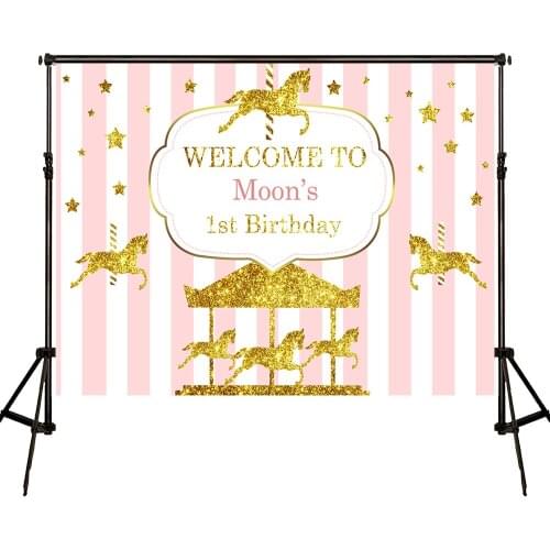 VinylBDS Children 1st Birthday Photography Background Pink Golden Horse Digital Background Princess Mini Photo Studio Photo