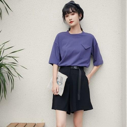 QOERLIN Fake Pocket T-Shirts Female Plus Size O-Neck Short Sleeve Loose Casual Tops Tees Girls Sweet Streetwear Basic Tops Shirt