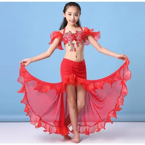 2019 Performance Children Dance Clothes Flower Red Outfit Belly Dance Costume 2pcs Set Bra and Skirt