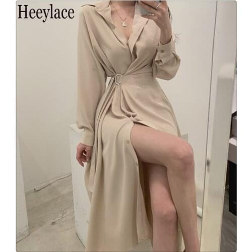 Women Single Breasted Lace Up Slim Solid Shirt Dress Long Sleeve Summer 2021 New Female Elegant Vestidos Dresses Femme