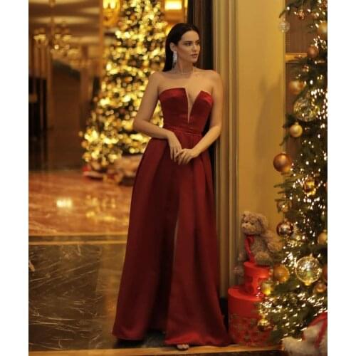 Elegant Long Satin Burgundy Evening Dresses with Pockets Corset Back Side Slit V-Neck Abendkleider Robes de Soirée for Women