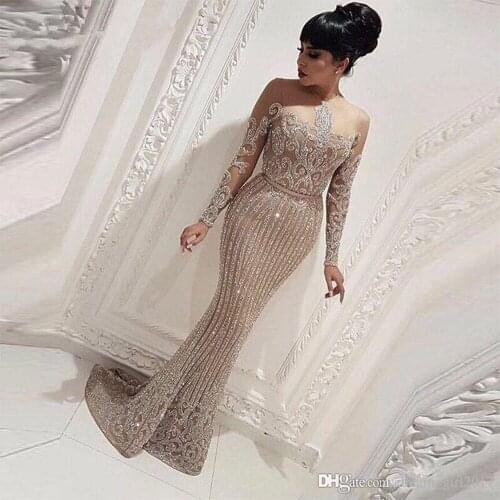 Long Sleeve Gold Sequined Mermaid Arabic Dubai Woman Evening Dresses 2020 Prom Dress Party Gowns Plus Size Abendkleider robe de
