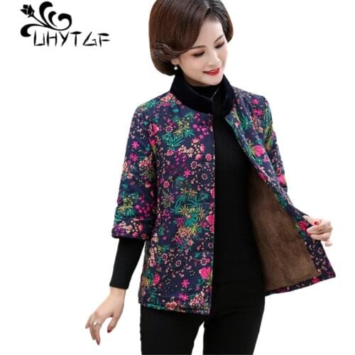 UHYTGF Plus Velvet Thicken Winter Cotton Vests Womens Parker Jacket Fashion Print Elegant Mother Loose Large Size Waistcoat 1435