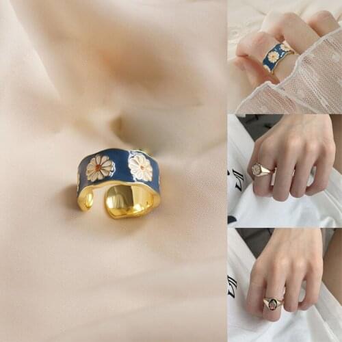 1PC Blue Daisy Open Ring French Pastoral Vintage Enamel Metal Drip Glaze Female Jewelry Gift Rings