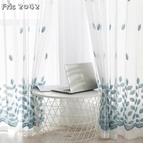2021 Blue Leaf Polyester Curtain Finished Custom Translucent Curtains for Living Dining Room Bedroom