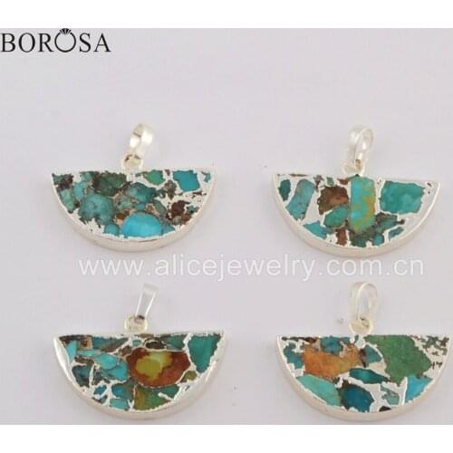 BOROSA 5/10PCS Silver Color Half Round Copper Turquoises Pendant Moon Shape Natural Blue Gems Pendants for Necklace S1685