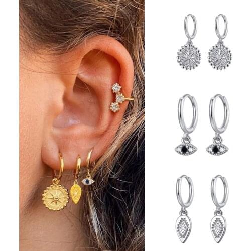 LIYAN Bohemian Evil Eye Round Coin Cubic Zirconia Yellow Silver Plated Earrings For Women Engagement Wedding Fashion Jewelry