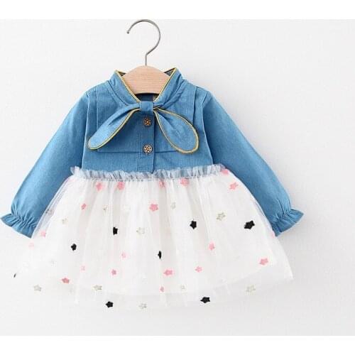 Spring Baby Girls Princess Dress Autumn Toddlers Sweet Style Denim Long Sleeve Star Patchwork Cute Clothes