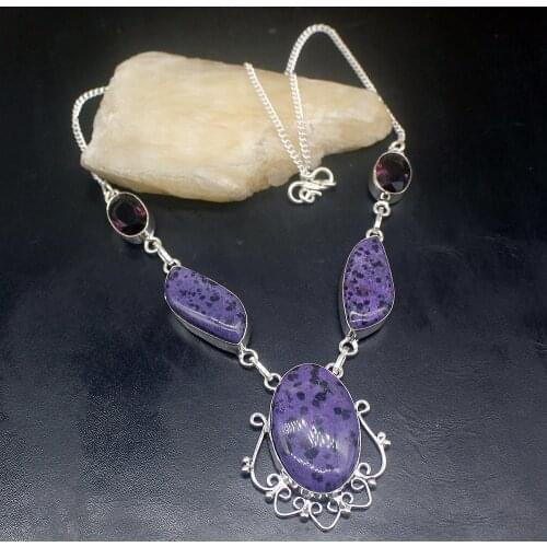 Gemstonefactory Jewelry Big Promotion Unique 925 Silver Dalmatian Jasper Purple Amethyst Women Chain Necklace 46cm 202101507