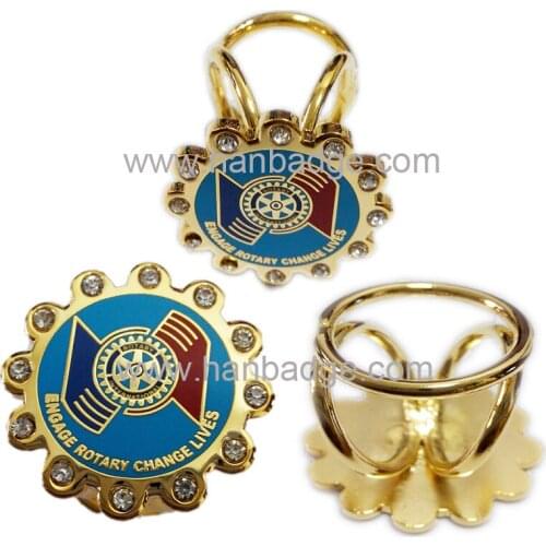 Customized Rotary International Lapel Pins With Scarf Ring Back Custom Scarf Badges With Rhinestones