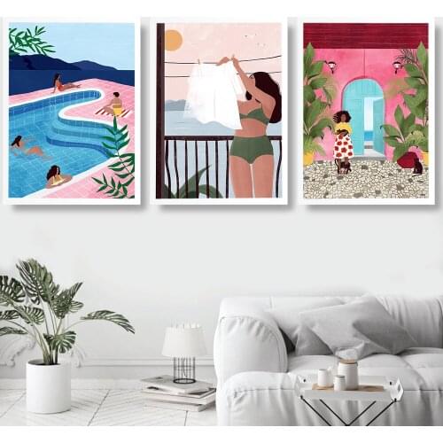 Girls In Bikini Canvas Painting Swimming Pool Poster and Print Minimalism Tropical Plant Wall Art Chicken Cat Picture Home Decor