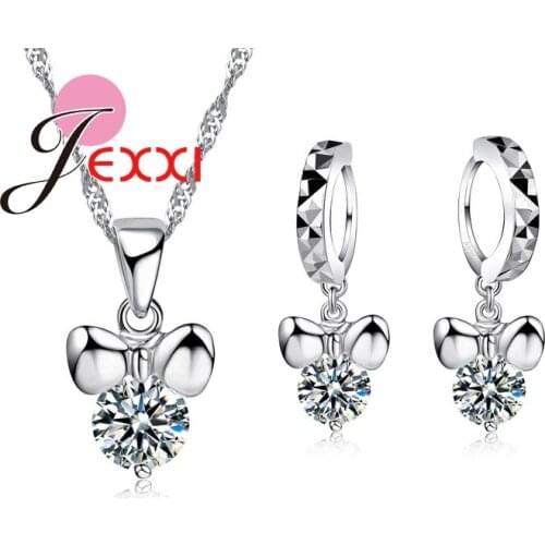 AAA African Crystal Girls Cute Necklace Pendant Drop Earrings 925 Sterling Silver Bowknot Jewelry Sets For Women Wholesale