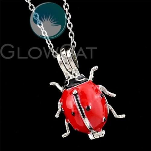 Red Enamel Insect Ladybug Beads Cage Pendant Essential Oil Diffuser Pearl Cage Locket Necklace R-K1058