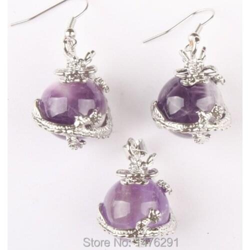 16MM Natural Amethys Purple Crystal Round Bead Inlaid Dragon Pendant & Earrings 1 Set