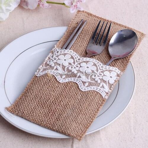 Vintage 4"x8" Hessian Burlap Lace Wedding Tableware Pouch Cutlery Holder Decorations Favor
