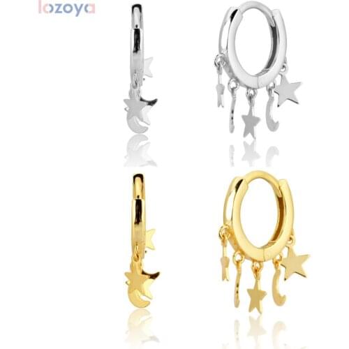 LOZOYA 925 Sterling Silver Moon New Circle Loops Star Drop Earring Pendiente Luxury 2021 Fashionable Jewelry Plain Jewels