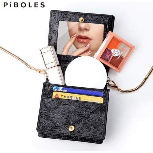Small Female Sling Bag Genuine Leather Makeup Bag With Mirror Portable Crossbody Messenger Shoulder Bag Iron Chain For Women