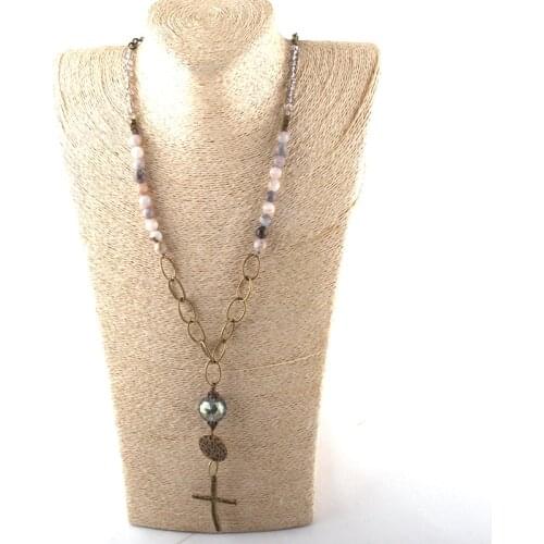 MOODPC Fashion Jewelry Natural Stone & Glass Crystal Long Chain Glass Boll Cross Pendant Necklaces For Women Ethnic Necklace