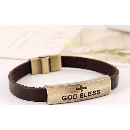 Vintage Biker Bracelet Leather Gold Tone Magnetic Clasp Religious God Jesus Cross Charms Mens Bracelets & Bangles Punk Jewelry