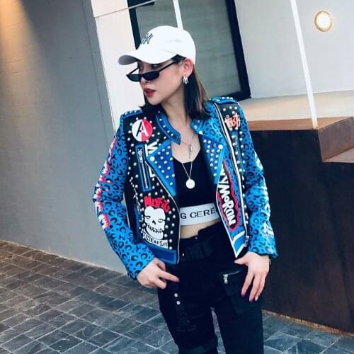 Autumn Fashion Graffit Print Rivet PU Leather Jacket Woman Cool Biker Blue Jacket Ladies Leopard Print Slim Jackets and Coats