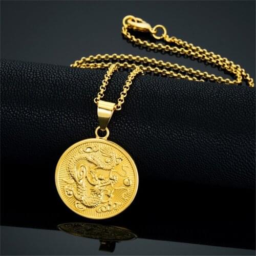 Punk Zodiac Chinese Dragon Pendant Necklace For Men Women Gold Color Round Animal Necklace Lucky Jewelry Gift Dropshipping