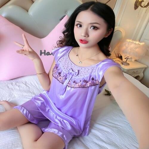 Pajamas Set for Womens Summer Bow Silk Korean Loose Sweet Sexy Solid Color Lace Sleeveless Home Wear Cloth Sexy Women Sleepwear