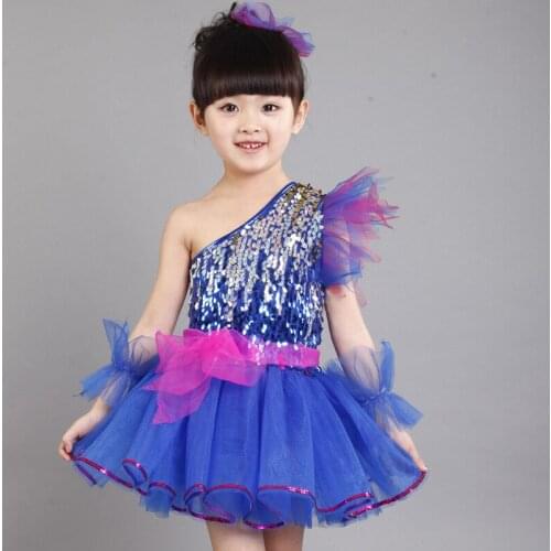 3-9Y Children Vestido Lentejuelas Girls Blue/Red Sequin Ballet Stage Dance Dress Kids Jazz/ Modern Dancing Outfits Salsa Costume