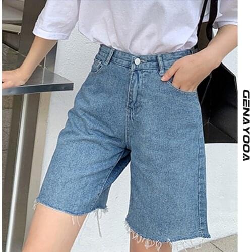 Genayooa Casual High Waist Biker Shorts Jeans Loose Plus Size Shorts Women Boyfriend Style Tassel Bum Shorts Korean Chic Summer