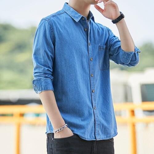 Dropshipping 100% Cotton Mens Denim Shirts High Quality Male Slim Casual Soft Jean Shirts Spring Summer Fashion Cowboy Top S-4XL