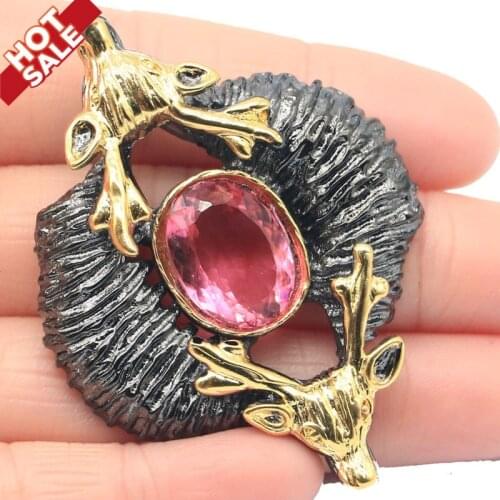 56x42mm Awesome Big Male deer 25.6g Created Blue Topaz Pink Morganite Cool Black Gold Silver Pendant For Woman Gothic