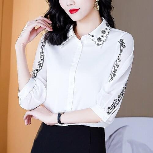 Womens Fashion Embroidered Shirt Womens White Satin Shirt Polo Collar Office Ladies Top